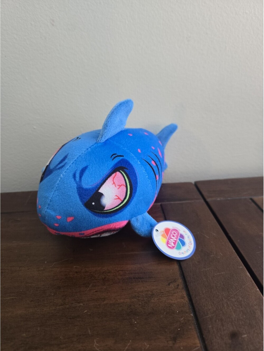 Nanco 8 Inch Pink and Blue Angry Shark Piranha Bloodshot Eyes Plush with Teeth